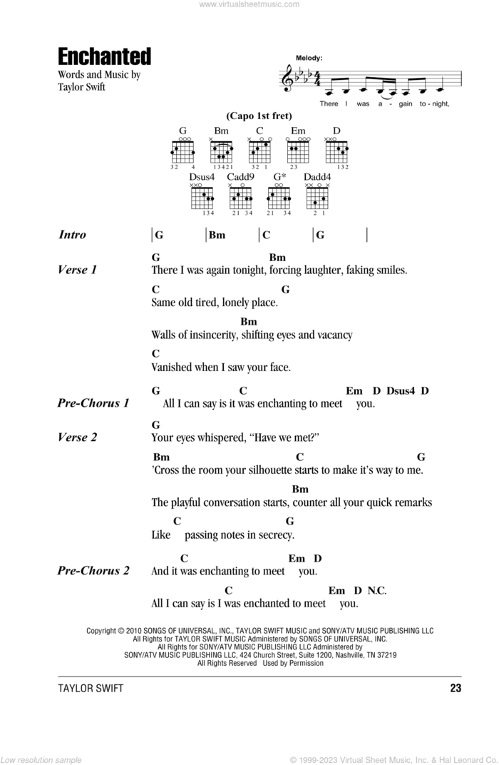 Enchanted sheet music for guitar (chords) by Taylor Swift, intermediate skill level