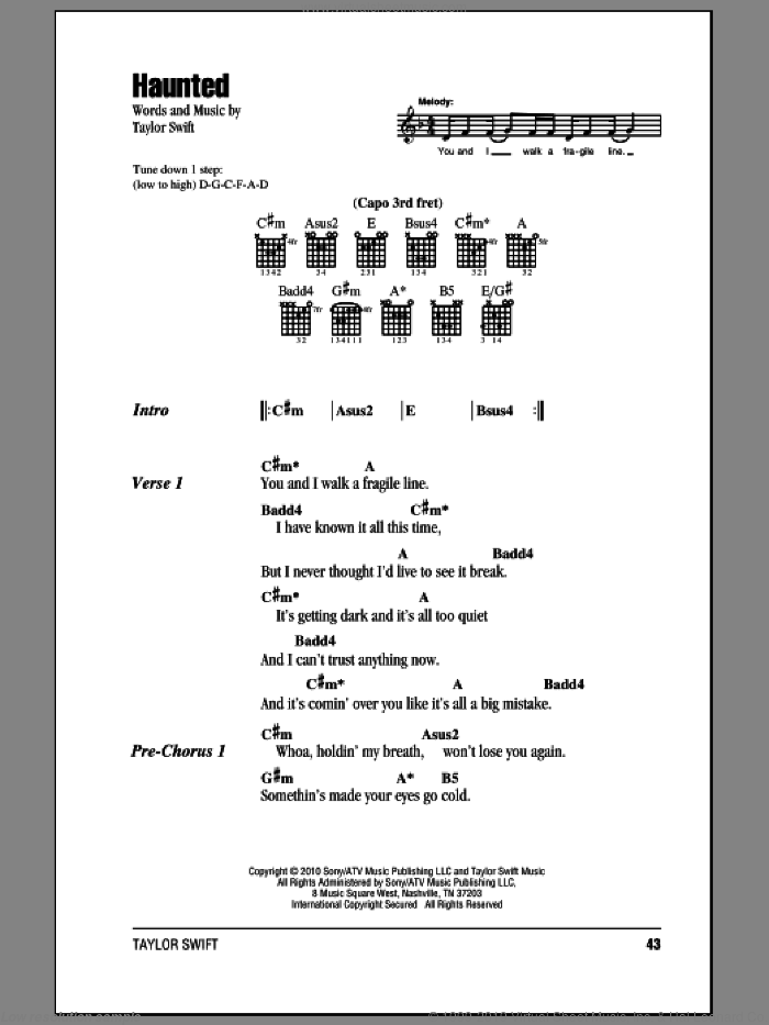 Haunted sheet music for guitar (chords) by Taylor Swift, intermediate skill level