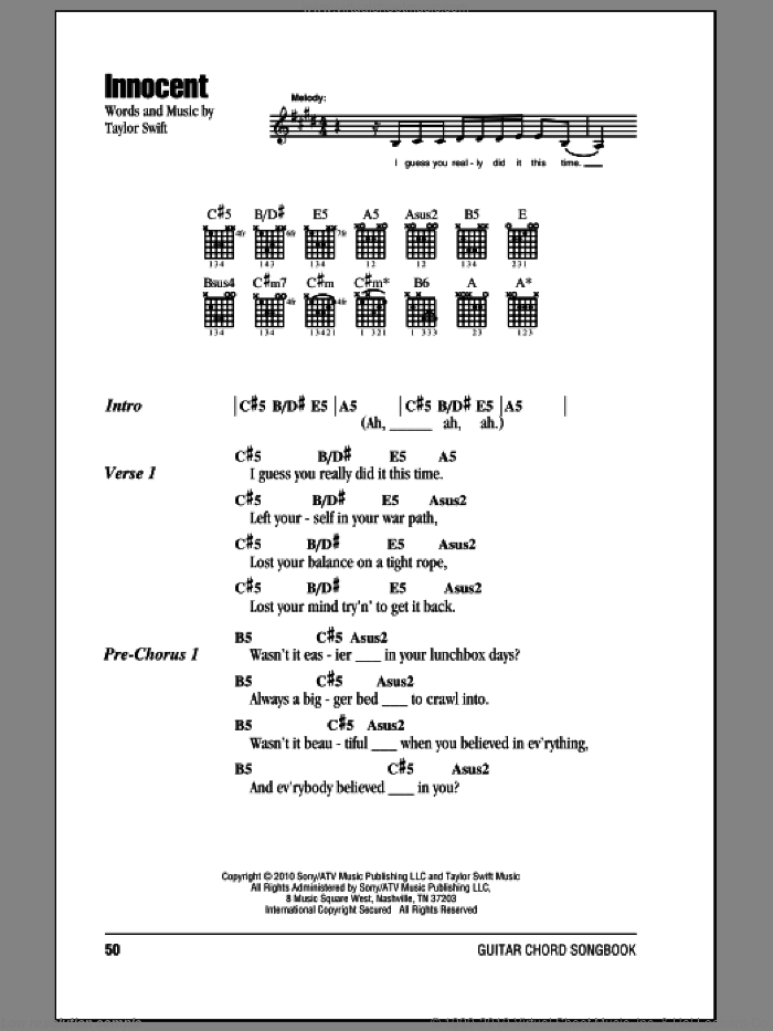 Innocent sheet music for guitar (chords) by Taylor Swift, intermediate skill level