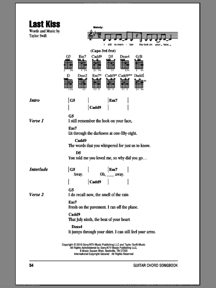 Last Kiss sheet music for guitar (chords) by Taylor Swift, intermediate skill level