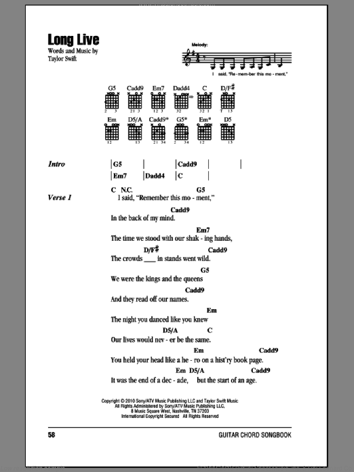 Long Live sheet music for guitar (chords) by Taylor Swift, intermediate skill level