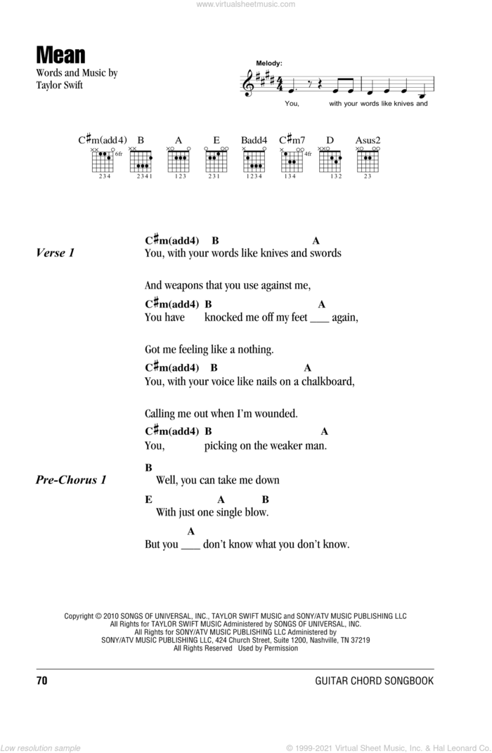 Mean sheet music for guitar (chords) by Taylor Swift, intermediate skill level