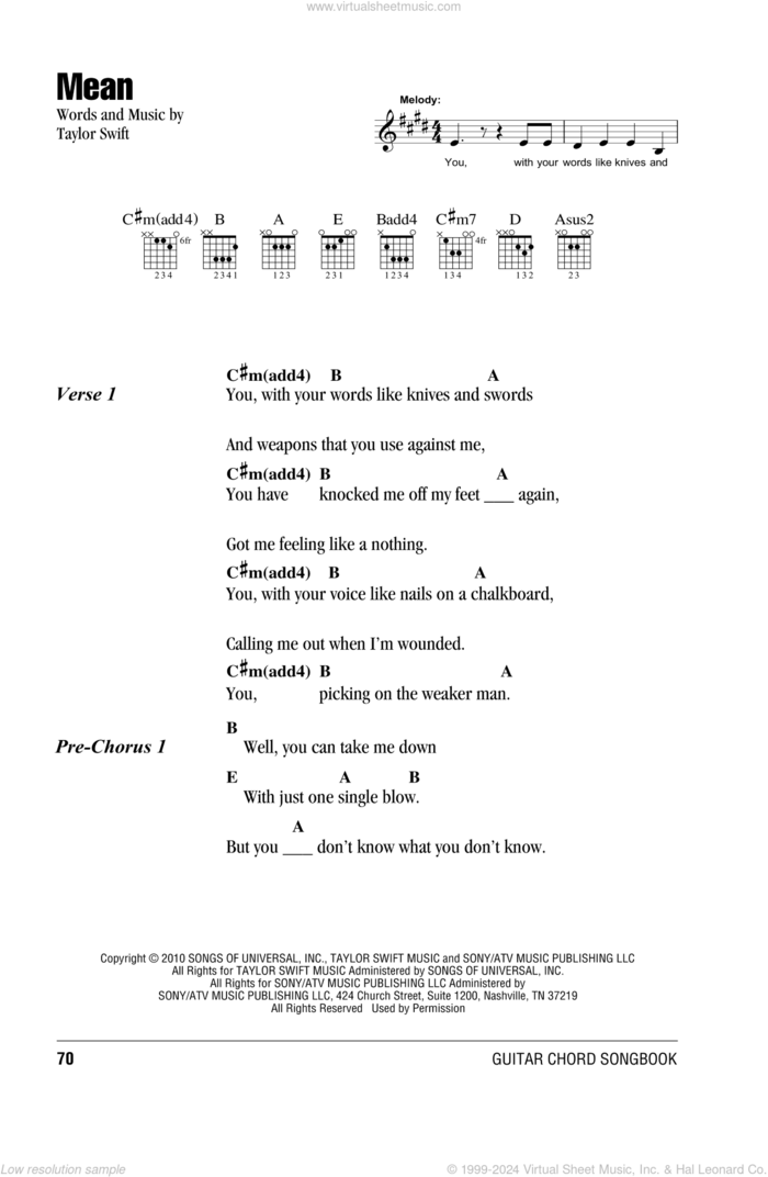 Mean sheet music for guitar (chords) by Taylor Swift, intermediate skill level