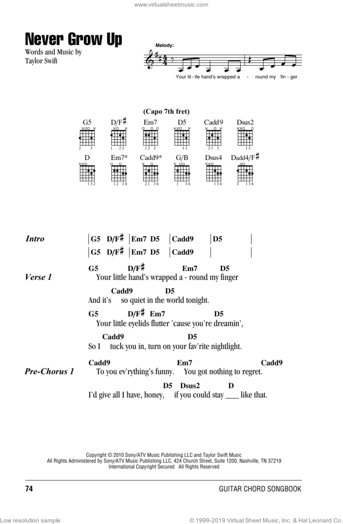 Never Grow Up sheet music for guitar (chords) by Taylor Swift, intermediate skill level