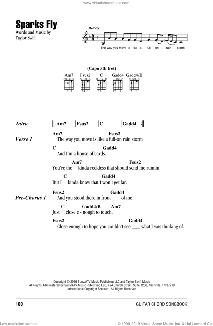 Sparks Fly sheet music for guitar (chords) by Taylor Swift, intermediate skill level