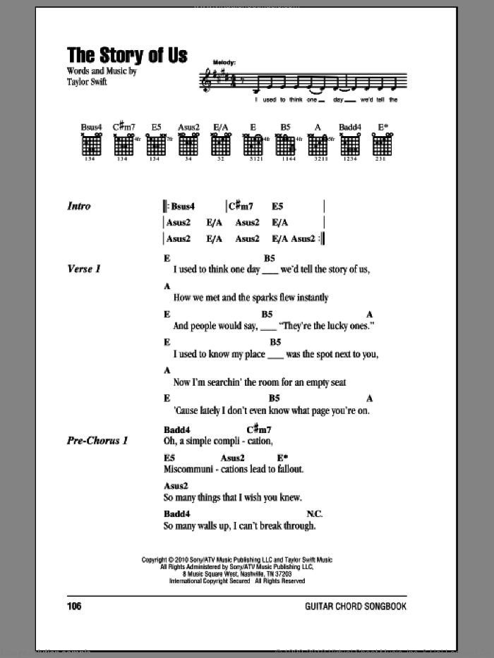 The Story Of Us sheet music for guitar (chords) by Taylor Swift, intermediate skill level