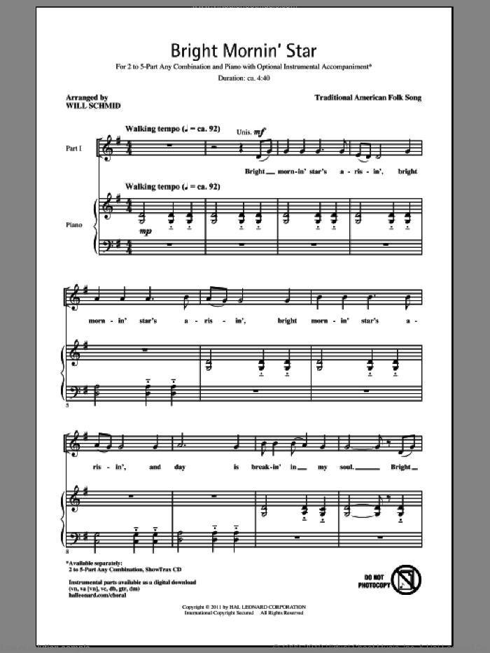 Bright Mornin' Star sheet music for choir (2-Part) by Will Schmid and Miscellaneous, intermediate duet