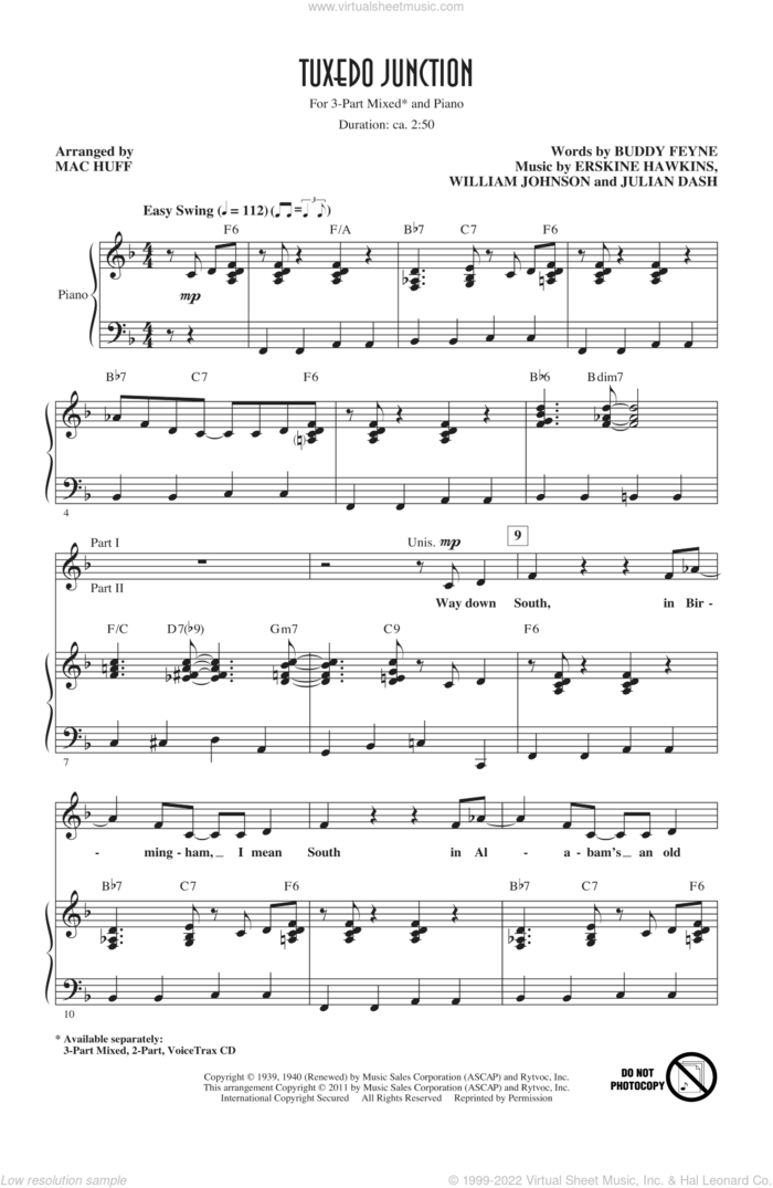 Tuxedo Junction sheet music for choir (3-Part Mixed) by Buddy Feyne, Erskine Hawkins, Julian Dash, William Johnson, Glen Miller, Mac Huff and Manhattan Transfer, intermediate skill level