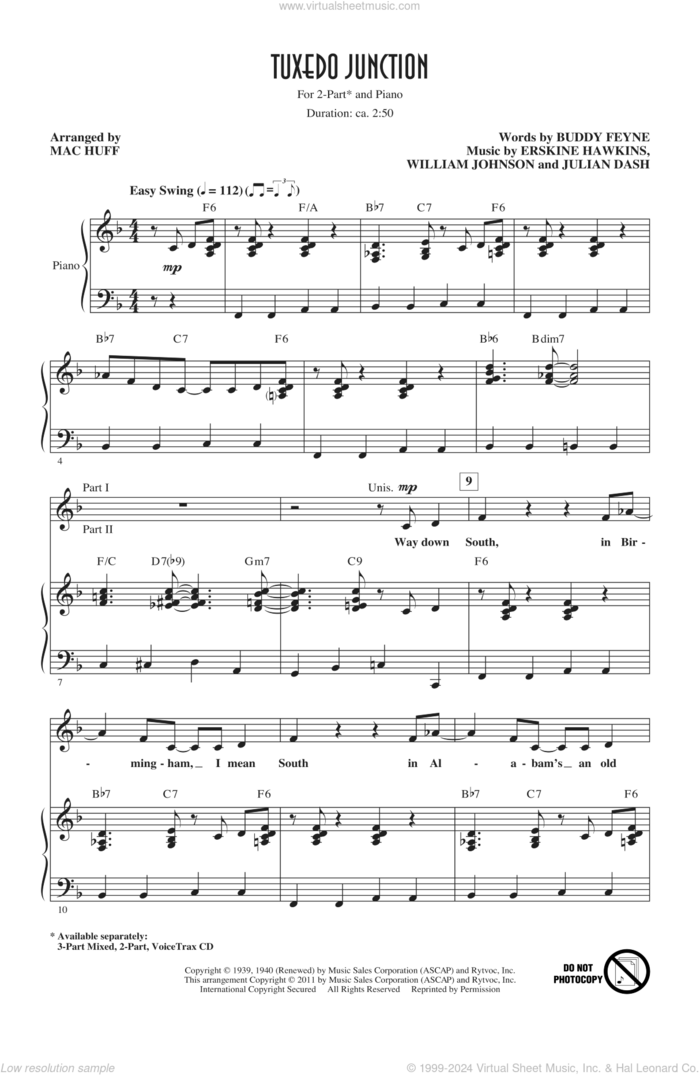 Tuxedo Junction sheet music for choir (2-Part) by Buddy Feyne, Erskine Hawkins, Julian Dash, William Johnson, Glen Miller, Mac Huff and Manhattan Transfer, intermediate duet