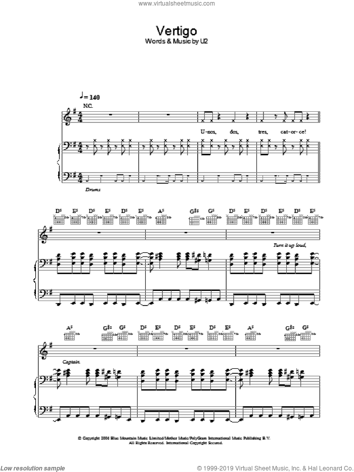 Vertigo sheet music for voice, piano or guitar by U2, intermediate skill level