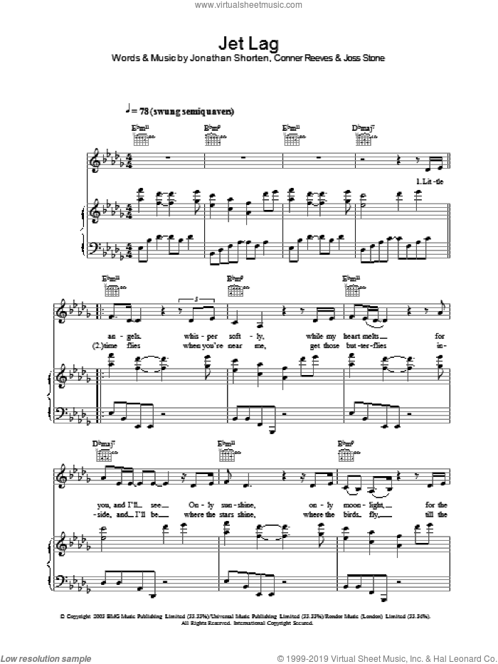 Jet Lag sheet music for voice, piano or guitar by Joss Stone, Conner Reeves and Jonathan Shorten, intermediate skill level