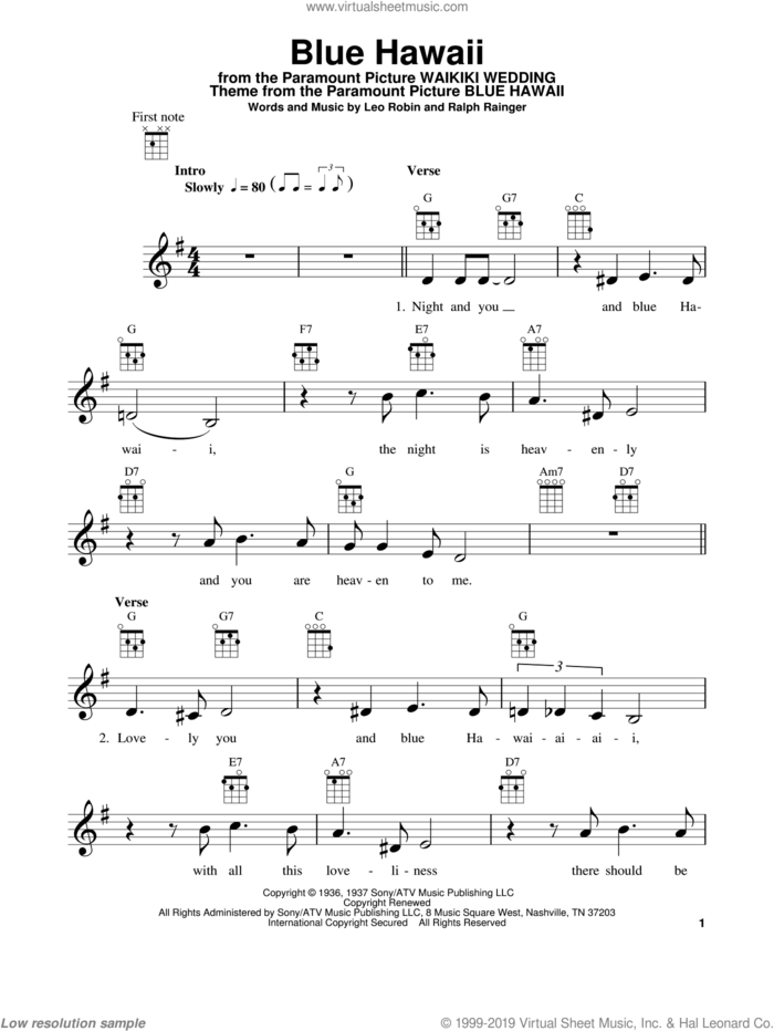 Blue Hawaii sheet music for ukulele by Elvis Presley, Billy Vaughn, Leo Robin and Ralph Rainger, intermediate skill level