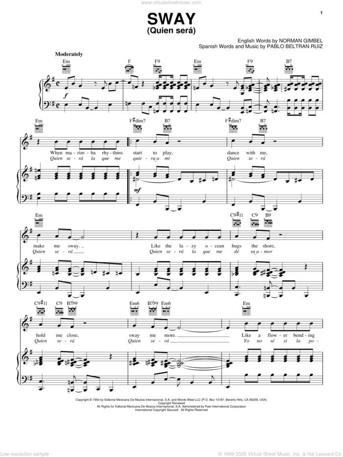 Sway (Quien Sera) sheet music for voice, piano or guitar by Dean Martin, Michael Buble, Norman Gimbel and Pablo Beltran Ruiz, intermediate skill level