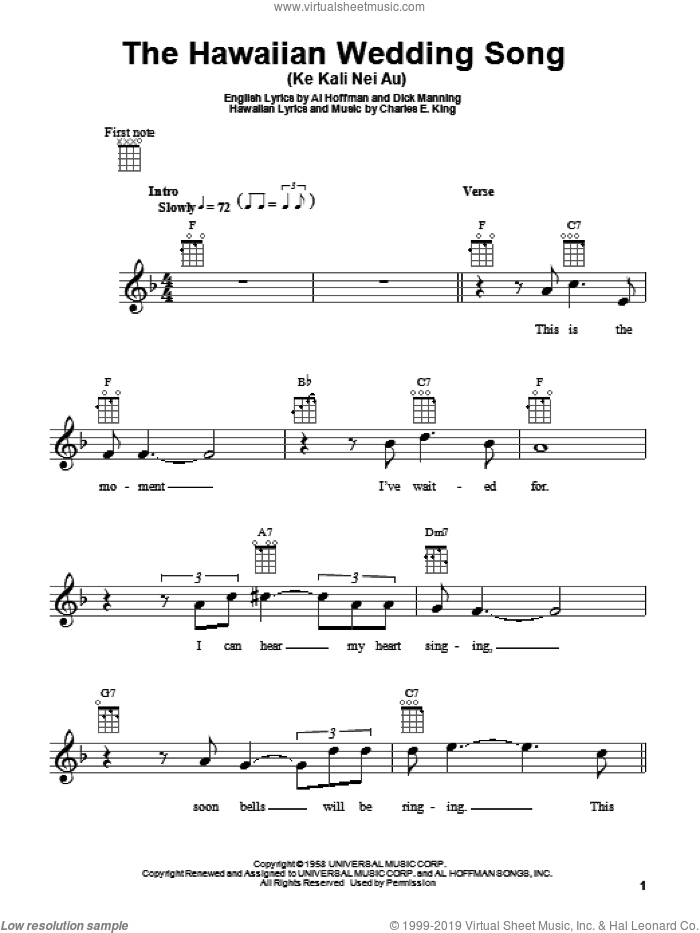 The Hawaiian Wedding Song (Ke Kali Nei Au) sheet music for ukulele by Andy Williams, Elvis Presley, Al Hoffman, Charles E. King and Dick Manning, wedding score, intermediate skill level