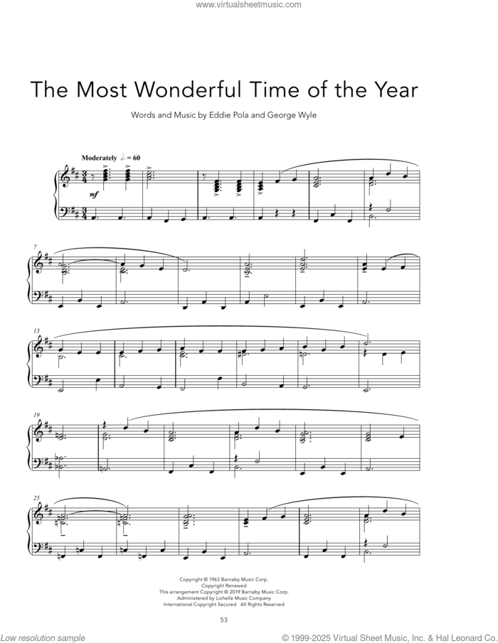 It's The Most Wonderful Time Of The Year [Peaceful version] sheet music for piano solo by Andy Williams, Eddie Pola and George Wyle, intermediate skill level