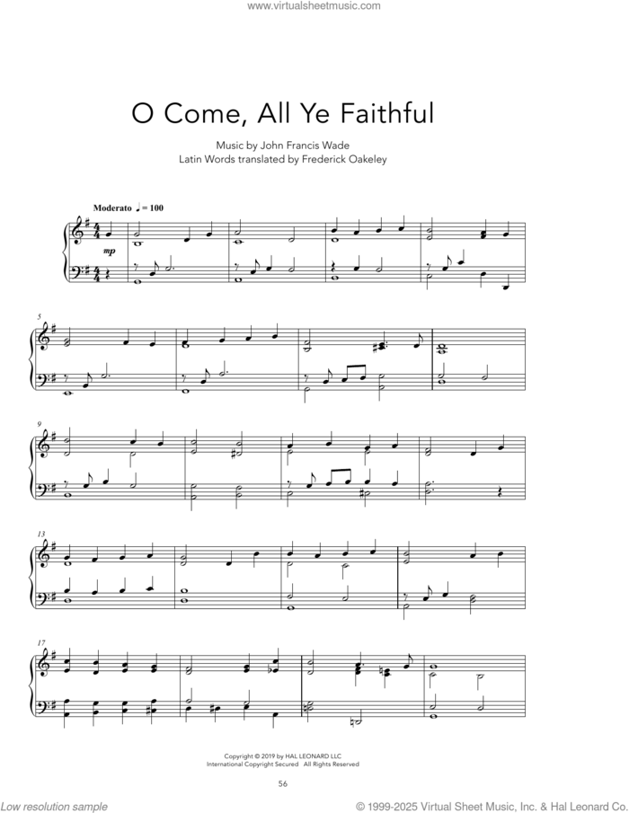 O Come, All Ye Faithful [Peaceful version] sheet music for piano solo by Frederick Oakeley (English) and John Francis Wade, intermediate skill level