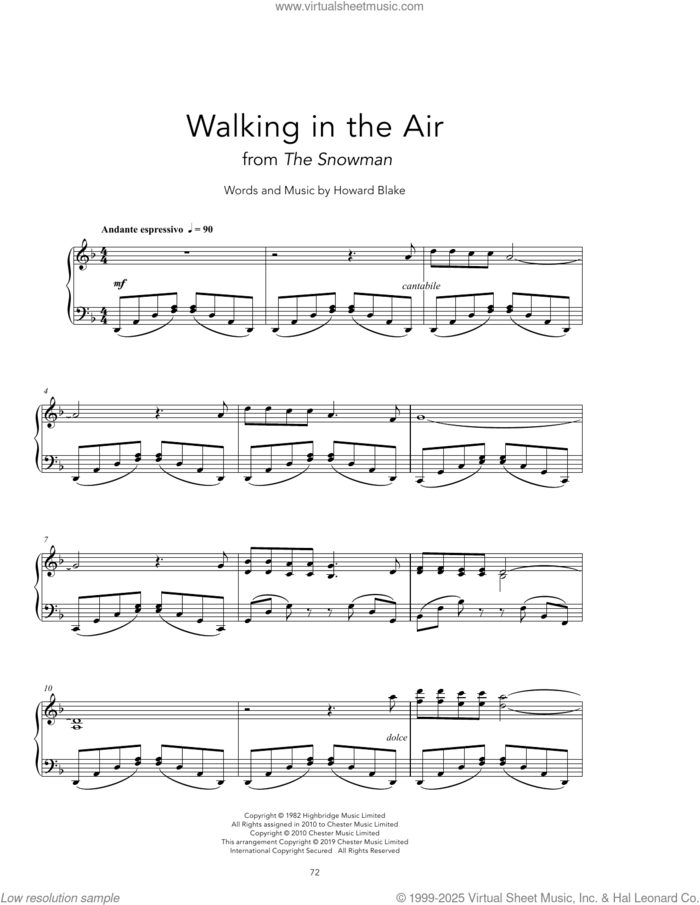 Walking In The Air [Peaceful version] sheet music for piano solo by Howard Blake, classical score, intermediate skill level