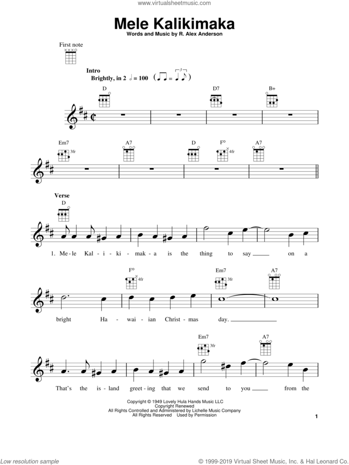 Mele Kalikimaka (arr. Fred Sokolow) sheet music for ukulele by Bing Crosby and R. Alex Anderson, intermediate skill level