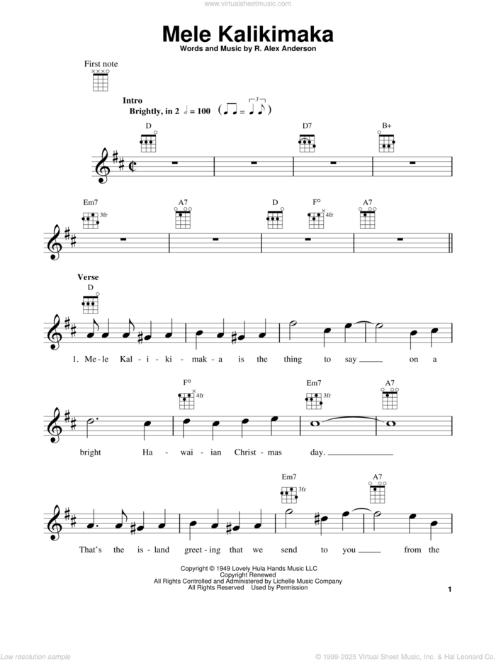 Mele Kalikimaka (arr. Fred Sokolow) sheet music for ukulele by Bing Crosby and R. Alex Anderson, intermediate skill level