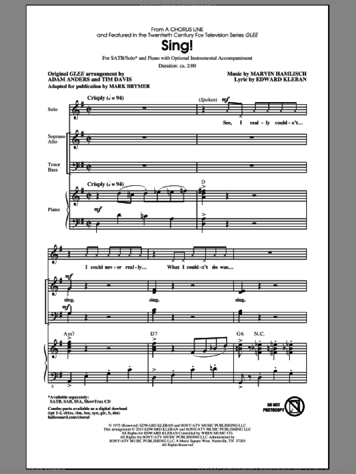 Sing! (adapt. Mark Brymer) sheet music for choir (SATB: soprano, alto, tenor, bass) by Marvin Hamlisch, Adam Anders, Edward Kleban, Glee Cast, Mark Brymer, Miscellaneous and Tim Davis, intermediate skill level
