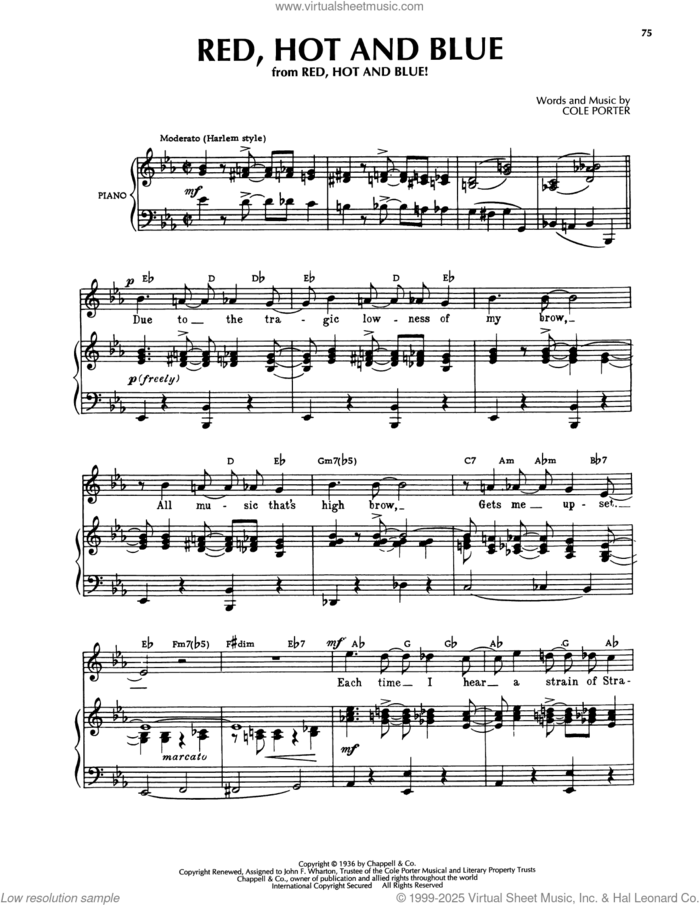 Red, Hot And Blue sheet music for voice, piano or guitar by Cole Porter, intermediate skill level