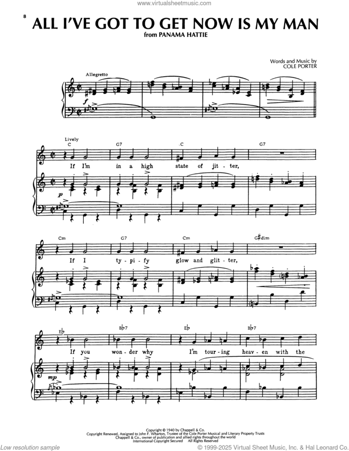 All I've Got To Get Now Is My Man (from Panama Hattie) sheet music for voice, piano or guitar by Cole Porter, intermediate skill level