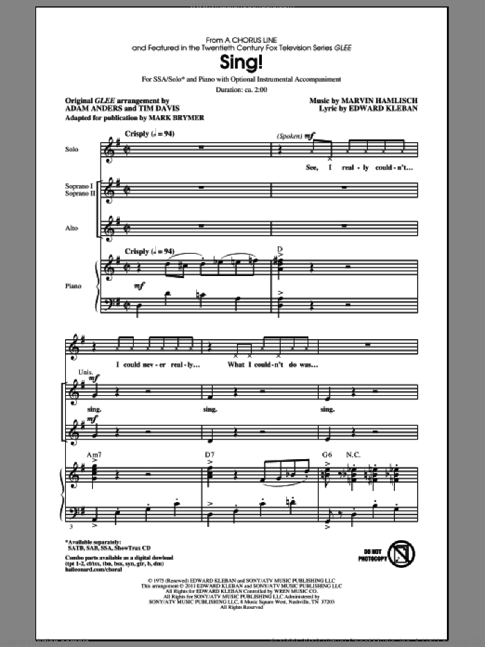 Sing! sheet music for choir (SSA: soprano, alto) by Marvin Hamlisch, Adam Anders, Edward Kleban, Glee Cast, Mark Brymer, Miscellaneous and Tim Davis, intermediate skill level
