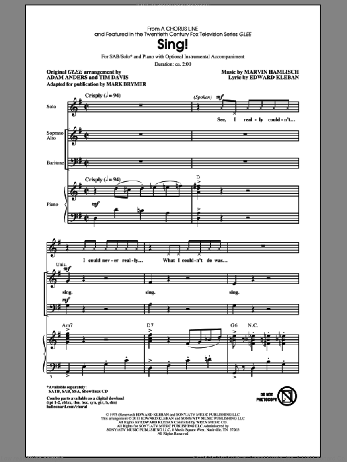 Sing! sheet music for choir (SAB: soprano, alto, bass) by Marvin Hamlisch, Adam Anders, Edward Kleban, Glee Cast, Mark Brymer, Miscellaneous and Tim Davis, intermediate skill level