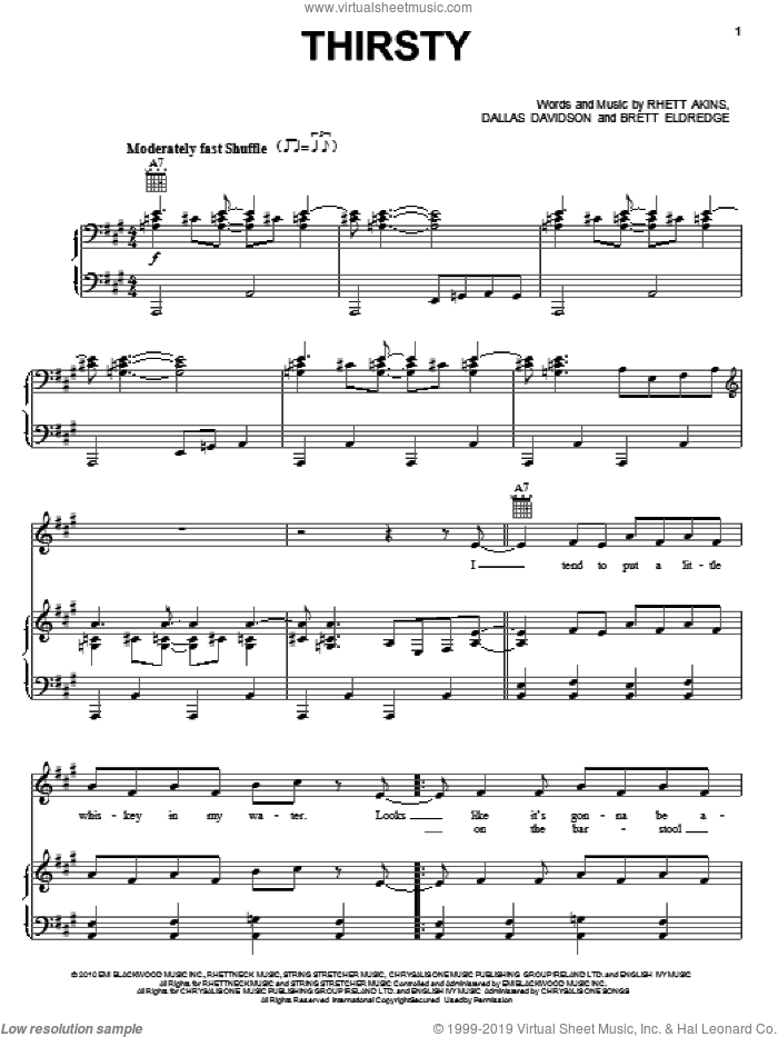 Thirsty sheet music for voice, piano or guitar by Hank Williams, Jr., Country Strong (Movie), Brett Eldredge, Dallas Davidson and Rhett Akins, intermediate skill level