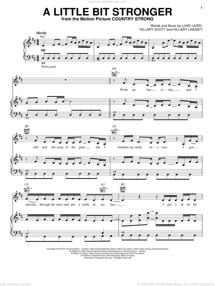 A Little Bit Stronger sheet music for voice, piano or guitar by Sara Evans, Country Strong (Movie), Michael Brook, Hillary Lindsey, Hillary Scott and Luke Laird, intermediate skill level