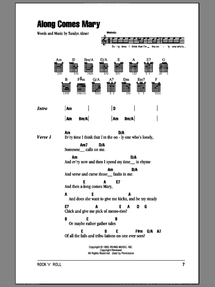 Along Comes Mary sheet music for guitar (chords) by The Association and Tandyn Almer, intermediate skill level
