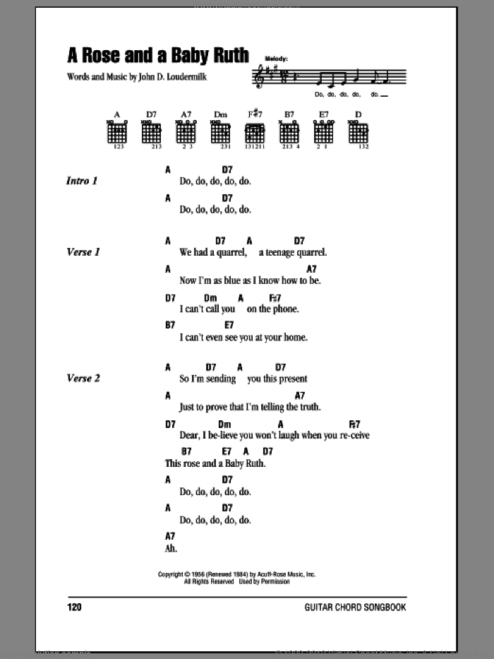 A Rose And A Baby Ruth sheet music for guitar (chords) by George Hamilton IV and John D. Loudermilk, intermediate skill level
