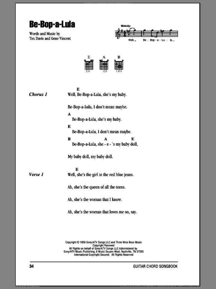 Be-Bop-A-Lula sheet music for guitar (chords) by Gene Vincent and Tex Davis, intermediate skill level
