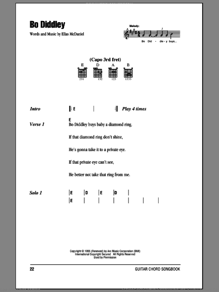Bo Diddley sheet music for guitar (chords) by Bo Diddley and Ellas McDaniels, intermediate skill level