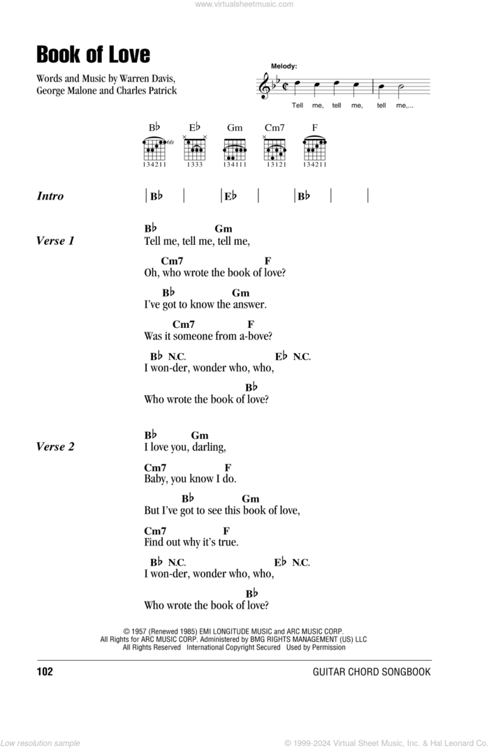 Book Of Love sheet music for guitar (chords) by The Monotones, Charles Patrick, George Malone and Warren Davis, intermediate skill level