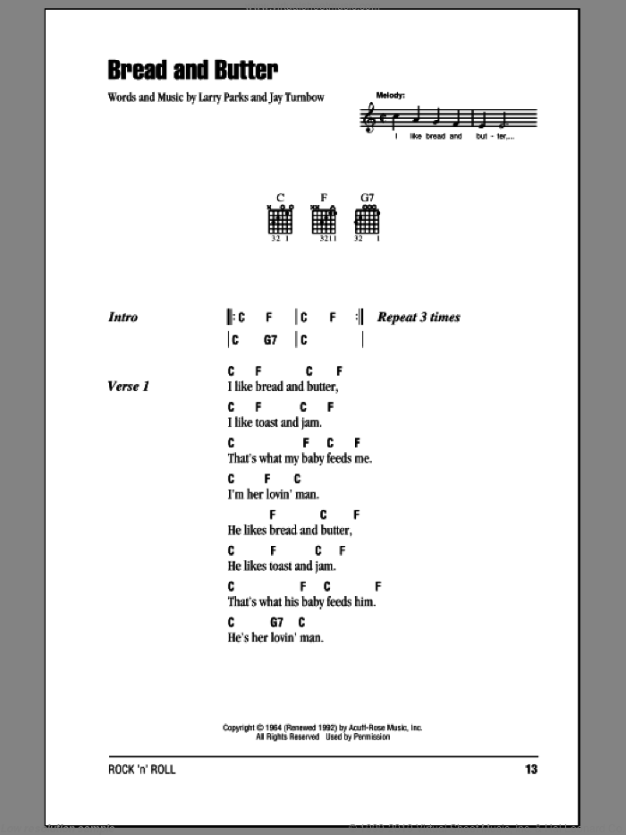Bread And Butter sheet music for guitar (chords) by Newbeats, Jay Turnbow and Larry Parks, intermediate skill level