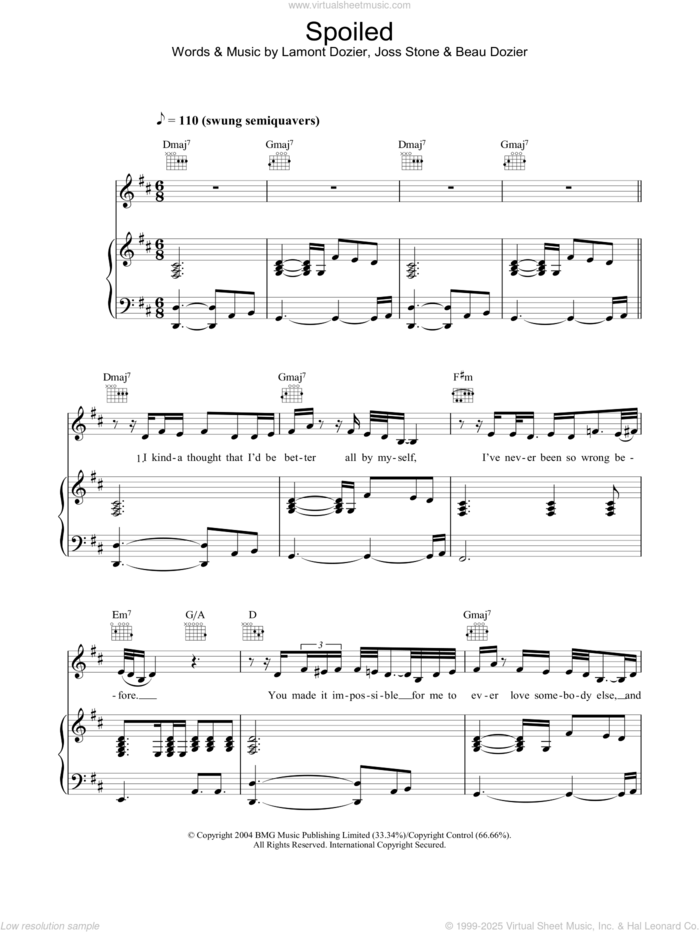 Spoiled sheet music for voice, piano or guitar by Joss Stone, Beau Dozier and Lamont Dozier, intermediate skill level