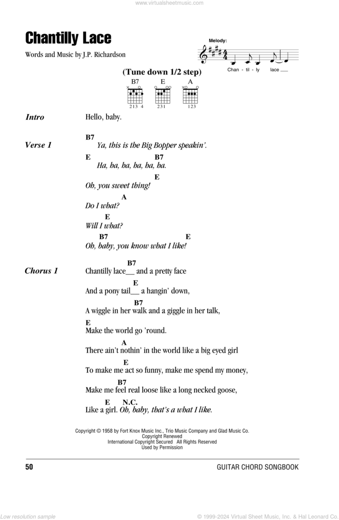 Chantilly Lace sheet music for guitar (chords) by The Big Bopper and J.P. Richardson, intermediate skill level