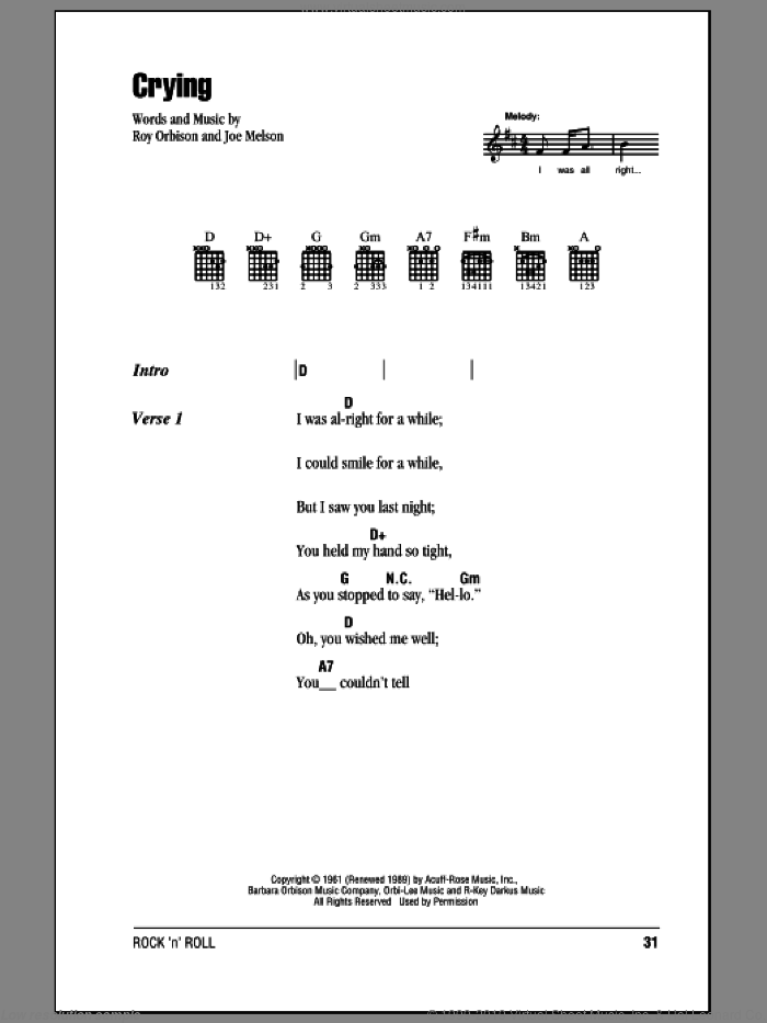 Crying sheet music for guitar (chords) by Roy Orbison, Don McLean and Joe Melson, intermediate skill level