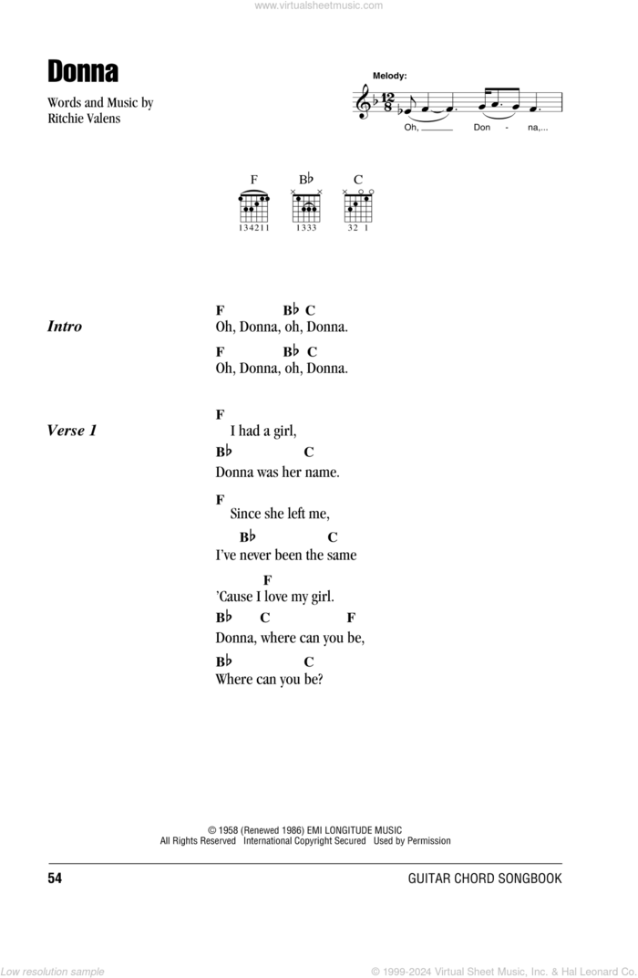 Donna sheet music for guitar (chords) by Ritchie Valens, intermediate skill level