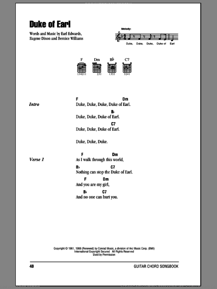 Duke Of Earl sheet music for guitar (chords) by Gene Chandler, Bernice Williams, Earl Edwards and Eugene Dixon, intermediate skill level