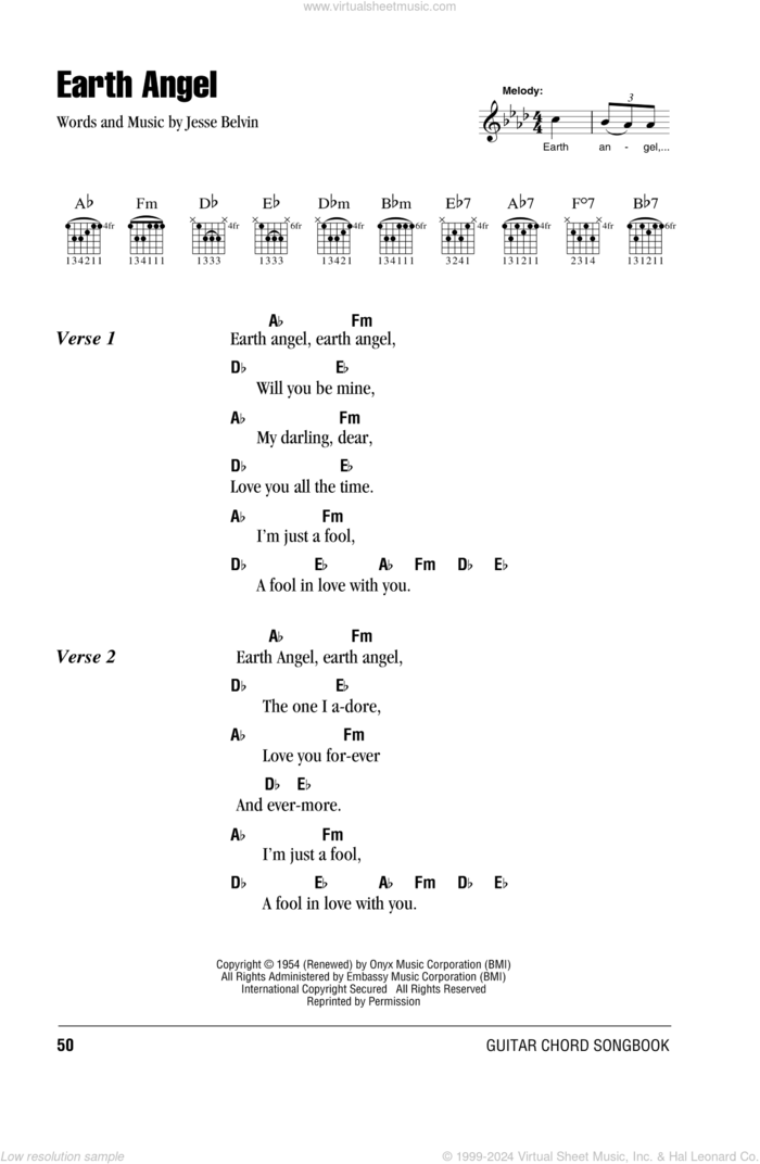 Earth Angel sheet music for guitar (chords) by The Crew-Cuts and Jesse Belvin, intermediate skill level