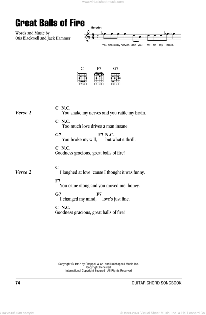 Great Balls Of Fire sheet music for guitar (chords) by Jerry Lee Lewis, Jack Hammer and Otis Blackwell, intermediate skill level