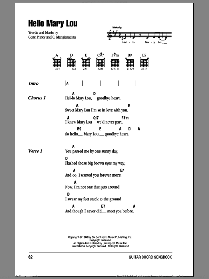 Hello Mary Lou sheet music for guitar (chords) by Ricky Nelson, C. Mangiaracina and Gene Pitney, intermediate skill level