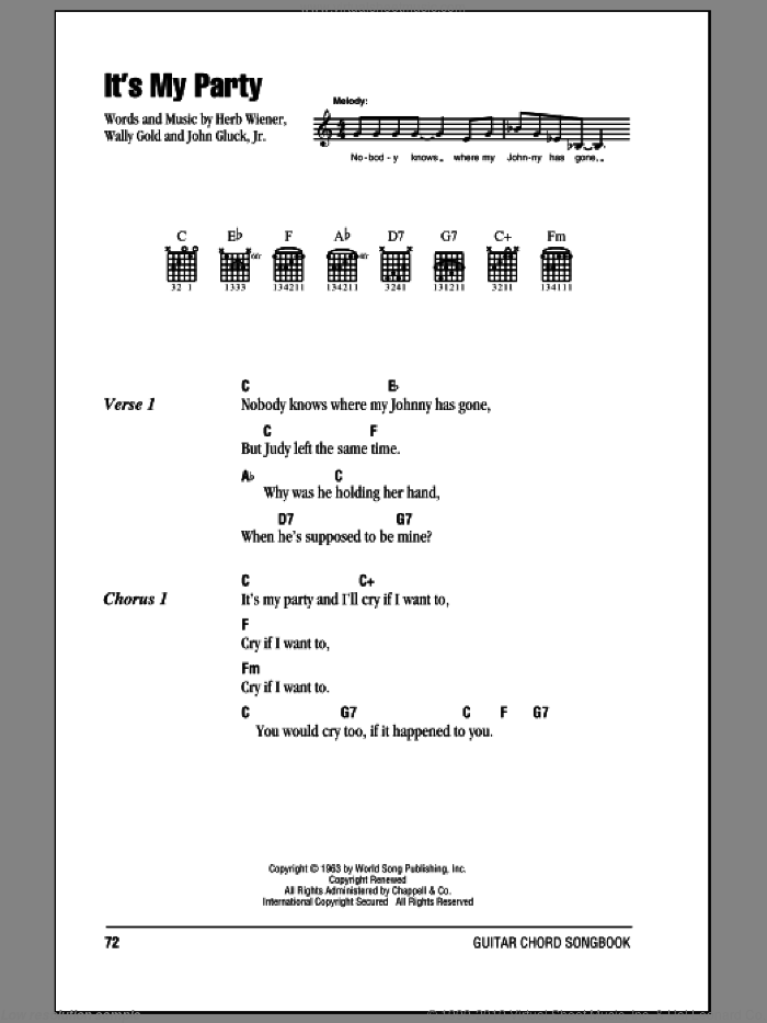 It's My Party sheet music for guitar (chords) by Lesley Gore, Herb Wiener, John Gluck Jr. and Wally Gold, intermediate skill level