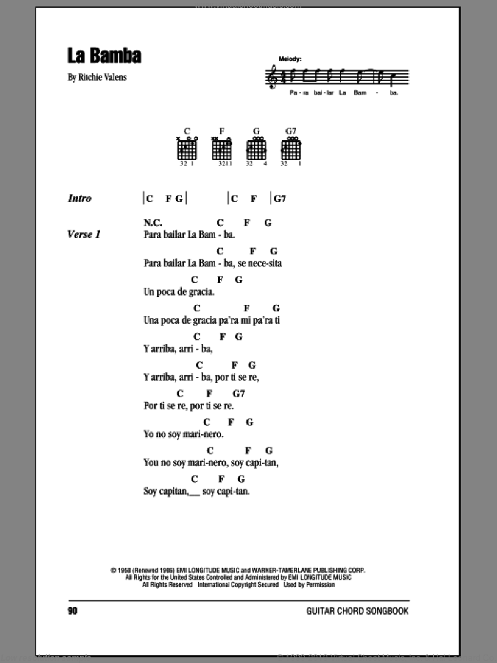 La Bamba sheet music for guitar (chords) by Ritchie Valens, intermediate skill level