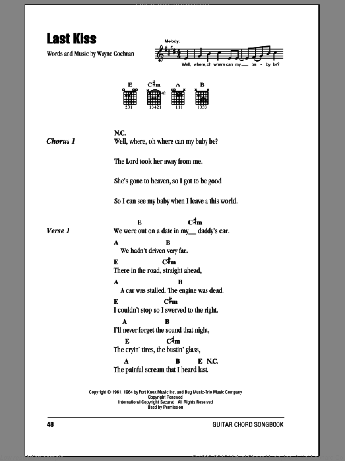 Last Kiss sheet music for guitar (chords) by J. Frank Wilson and Wayne Cochran, intermediate skill level