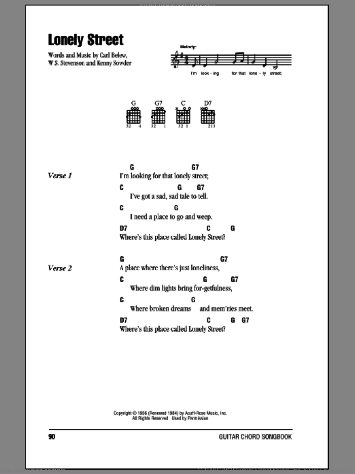 Lonely Street sheet music for guitar (chords) by Andy Williams, Carl Belew, Kenny Sowder and William Stevenson, intermediate skill level