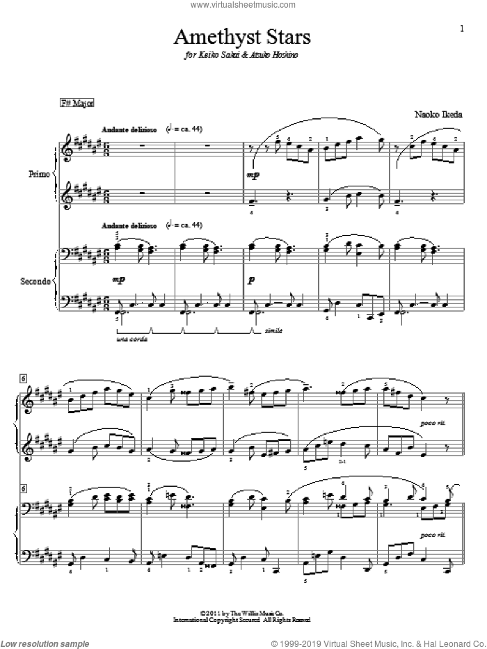 Amethyst Stars sheet music for piano four hands by Naoko Ikeda, intermediate skill level