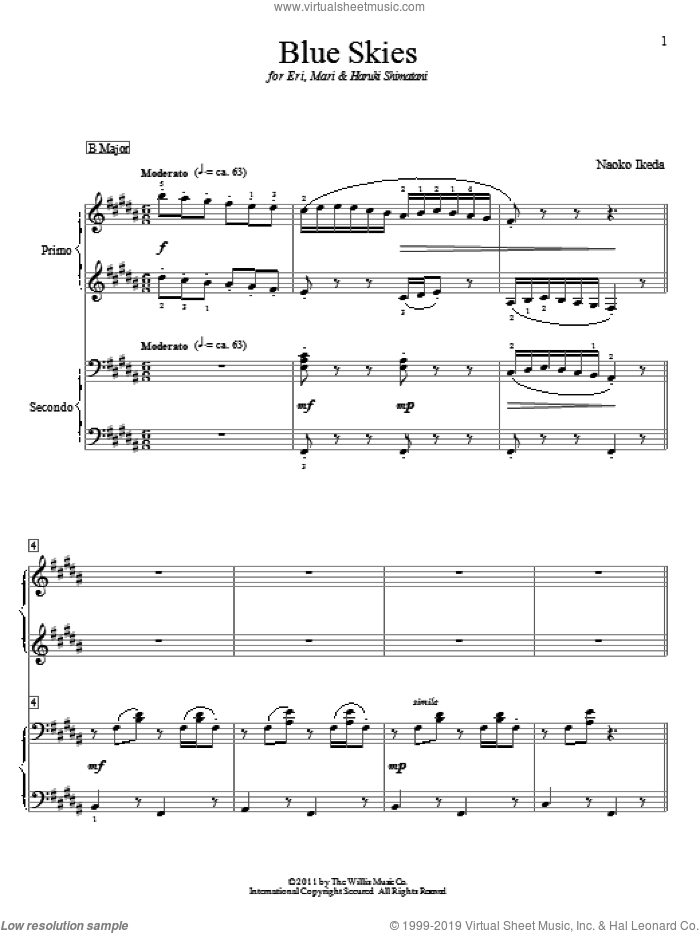 Blue Skies sheet music for piano four hands by Naoko Ikeda, intermediate skill level